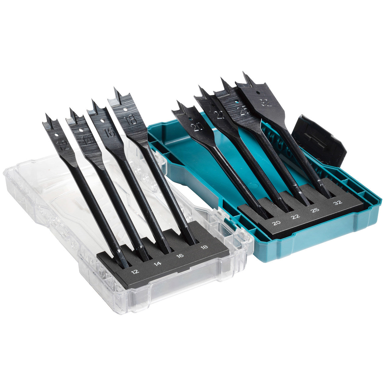 Makita Flat Wood Bit Set Metric 12 - 32mm 8 Piece Shank 1/4 hex E-08698
