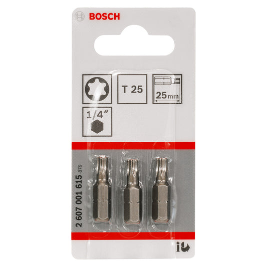 Bosch Extra Hard T25 Torx Screwdriver Bits 25mm Pack Of 3 - 2607001615