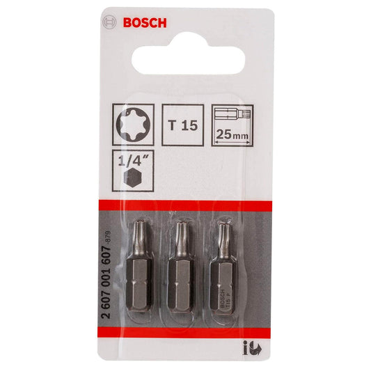 Bosch Extra Hard T15 Torx Screwdriver Bits 25mm Pack Of 3 - 2607001607