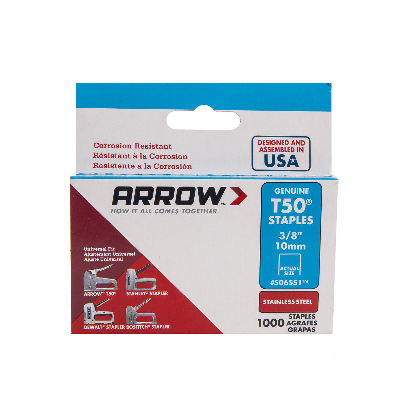 Arrow T50 Staples Stainless Steel 10mm Pack of 1000 Rust Resistant 506SS1