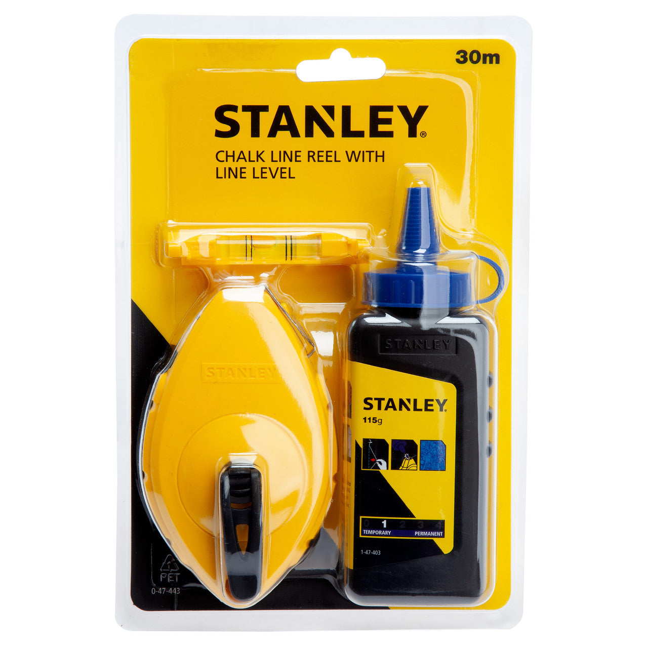 Stanley Chalk Line & Blue Builders Chalk 30m With Line level 0-47-443