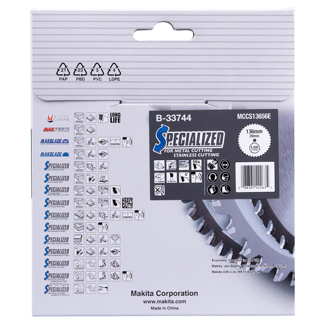 Makita Specialized Circular Saw Blade Metal Stainless 136mm x 20mm x 56T B-33744