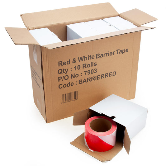 Toolsaver Red & White Barrier Tape 500m x 70mm Box of 10 SPL-BARRIERRED