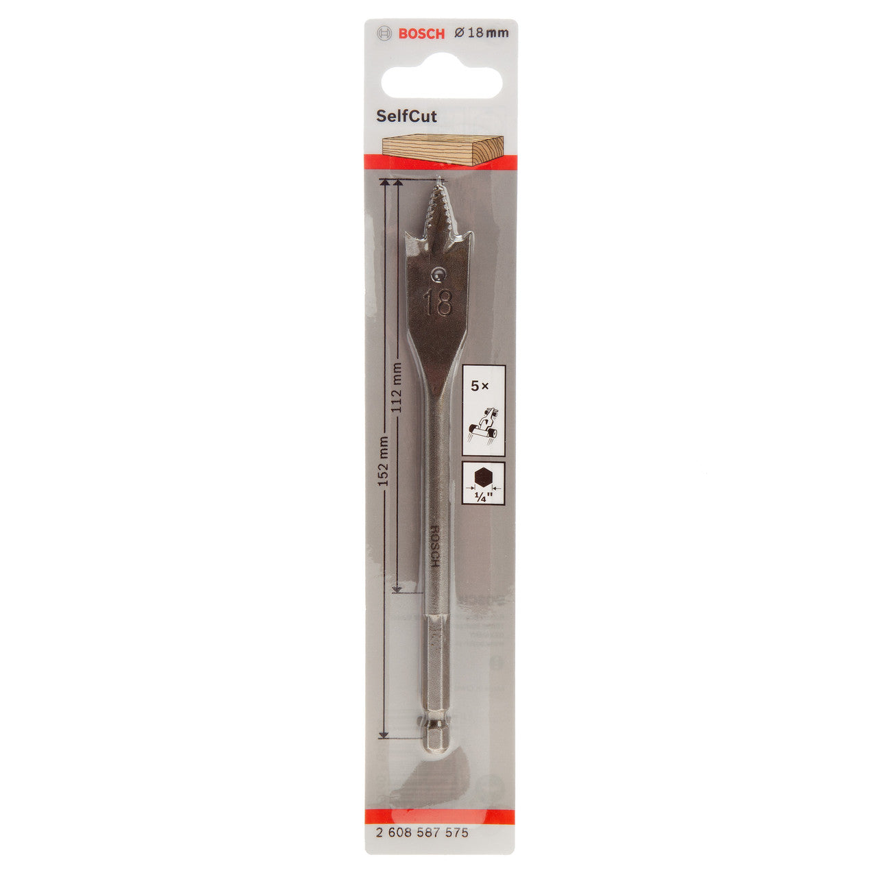 Bosch SelfCut Flat Drill Bit Hex Shank 18 x 152mm Wood & Plasterboard 2608587575