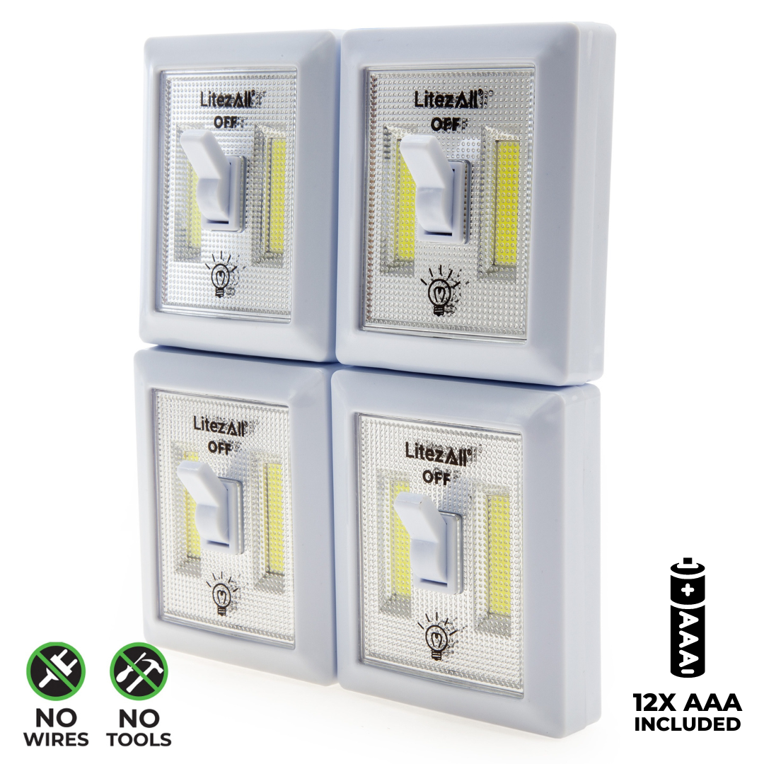LitezAll Mini Wireless Self-Adhesive COB LED Light Switch 150 Lumens 4 Pk 21852