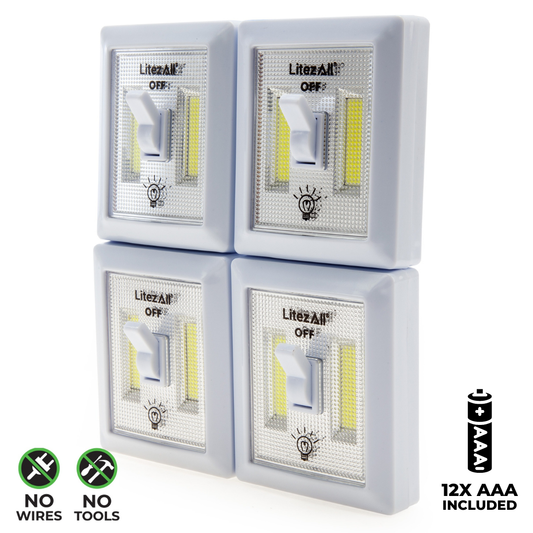 LitezAll Mini Wireless Self-Adhesive COB LED Light Switch 150 Lumens 4 Pk 21852