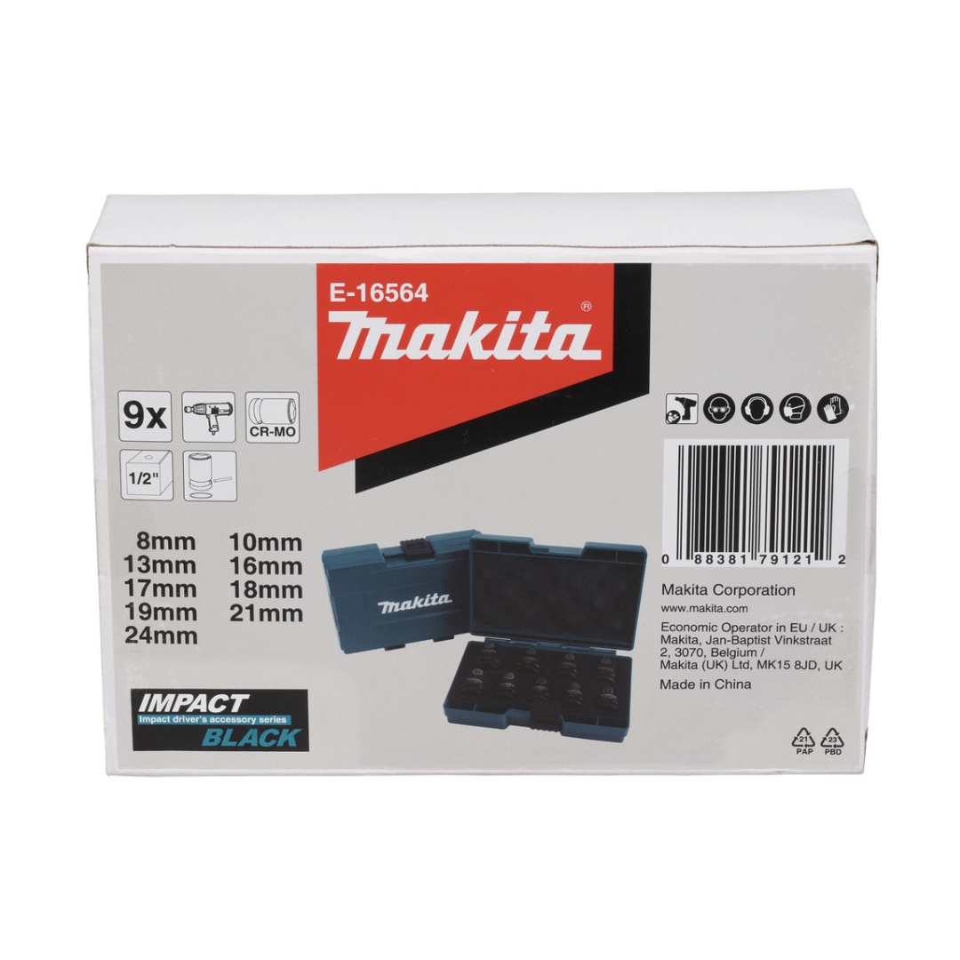 Makita 1/2"D Impact Socket Set 9 Piece Standard Length Metric Pin Ring E-16564