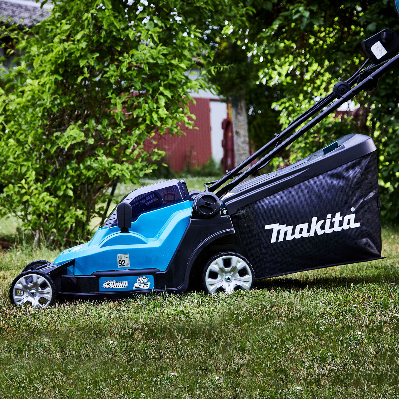 Makita 36V LXT Lawn Mower 2 x 5.0Ah Batteries Cut 43cm Capacity 40L DLM432PT2