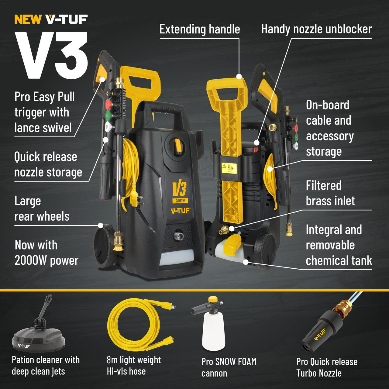 V-TUF V3 X2 Pressure Washer 150 Bar 240V 2000W Motor 8m Hi-Vis Hose V3240X2