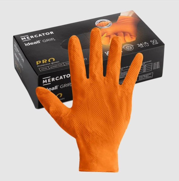 Mercator Ideall Grip+ Orange Nitrile Gloves (Size 9/L) - Pack of 50