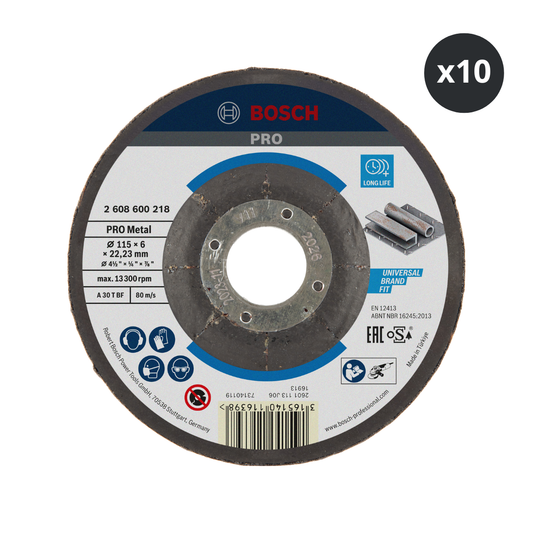 Bosch 2608600218 Metal Grinding Disc with Depressed Centre 115mm (Pack of 10)