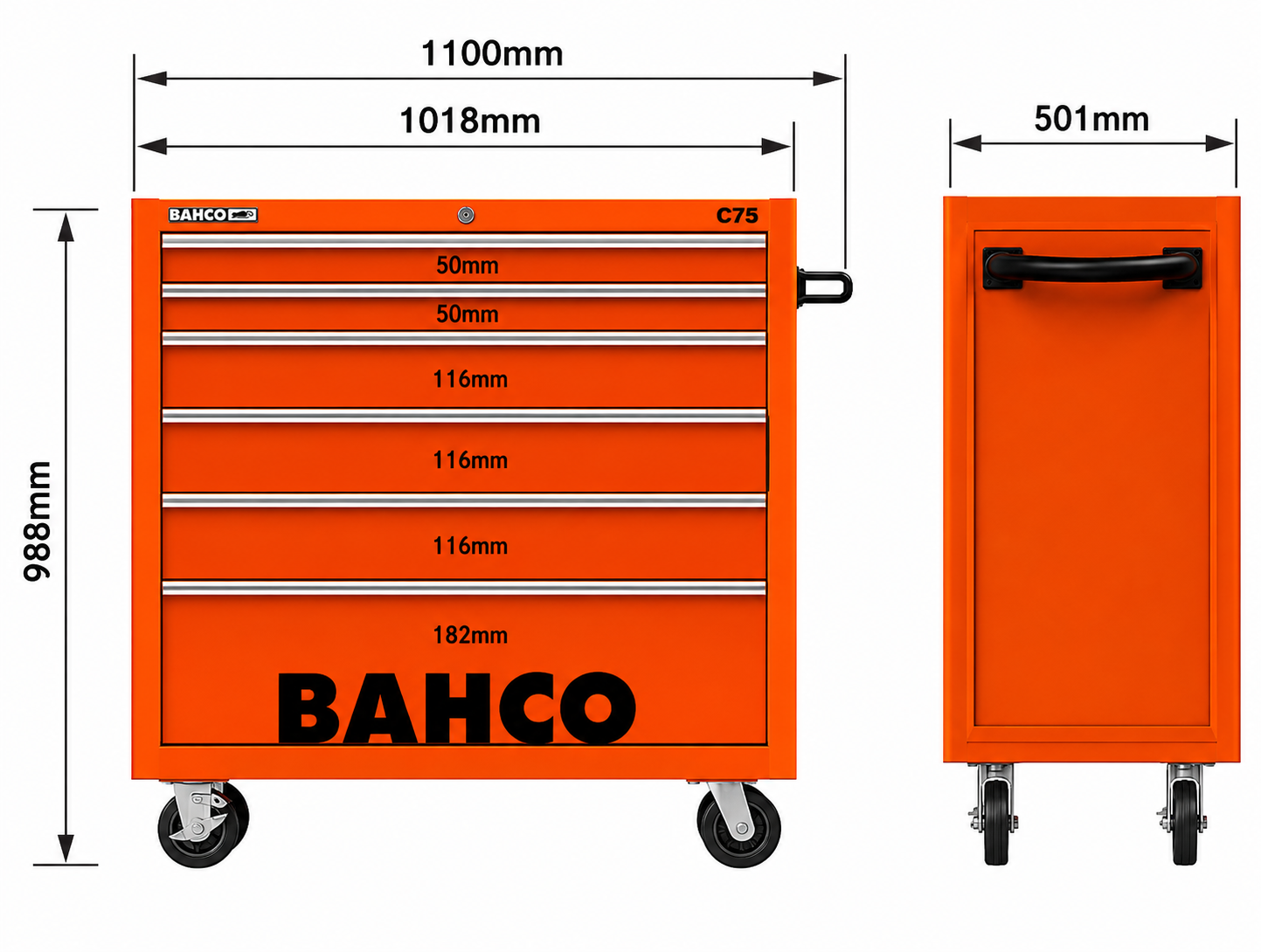 Bahco 40" Orange Tool Trolley Roll Cab 6 Drawer C75 Pro Workstation 1475KXL6